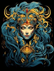 Mystical Woman with Blue Hair and Golden Headpiece