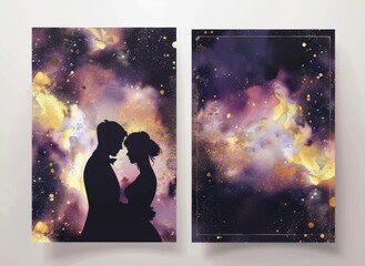 Wedding invitation template, front and back flyer side. Modern watercolor painted background with bride and groom  silhouettes