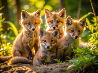 Fototapeta premium Adorable wild baby red foxes frolic and tumble in sun-dappled underbrush, their bushy tails and curious eyes shining with joyful abandon in the forest glade.