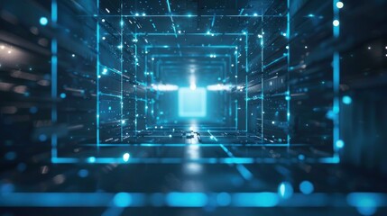 Obraz premium Abstract futuristic background with blue digital lines and glowing dots forming an open square tunnel on a dark backdrop.