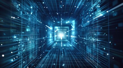Abstract futuristic background with blue digital lines and glowing dots forming an open square tunnel on a dark backdrop.