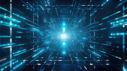 Abstract futuristic background with blue digital lines and glowing dots forming an open square tunnel on a dark backdrop.