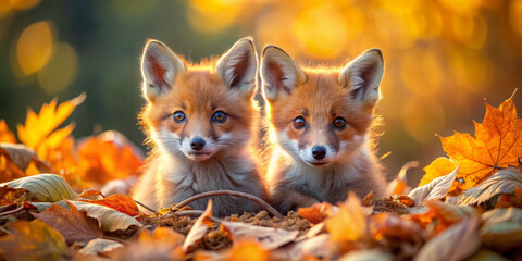 Adorable twin baby foxes with fluffy orange fur and big curious eyes sit snugly amidst a vibrant pile of autumn leaves, surrounded by forest silence.