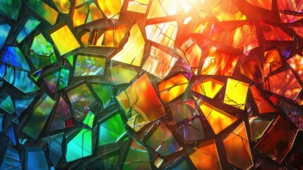 Colorful stained glass background made of broken pieces each reflecting different colors and shapes.