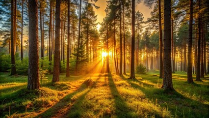Obraz premium Sunset casting warm golden light through trees in a peaceful forest setting, sunset, forest, nature, trees, golden hour