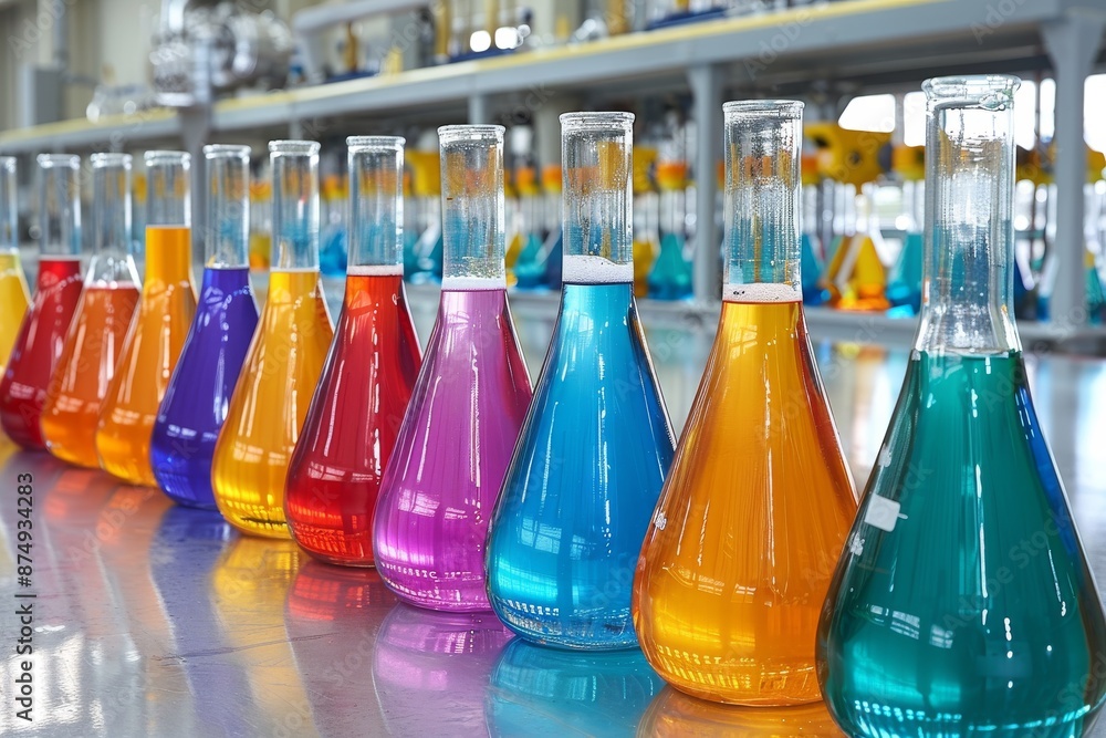 Poster row of laboratory flasks with colorful solutions creating a bright and scientific design.