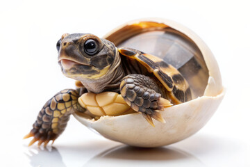 Tiny baby turtle hatchling with oversized flippers and shell, freshly emerged from egg, peers curiously at its new surroundings on a transparent background.