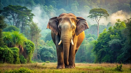 Fototapeta premium Majestic Indian elephant standing in a natural habitat, wildlife, mammal, tusks, trunk, endangered, species, Asia