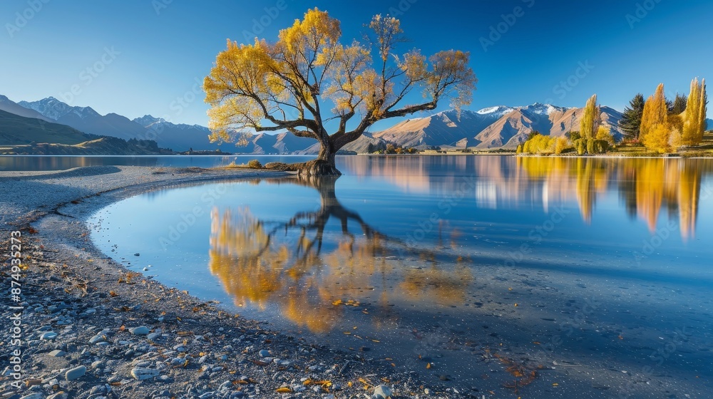 Sticker the first light of day embraces the wanaka tree, casting long shadows and illuminating the pristine 