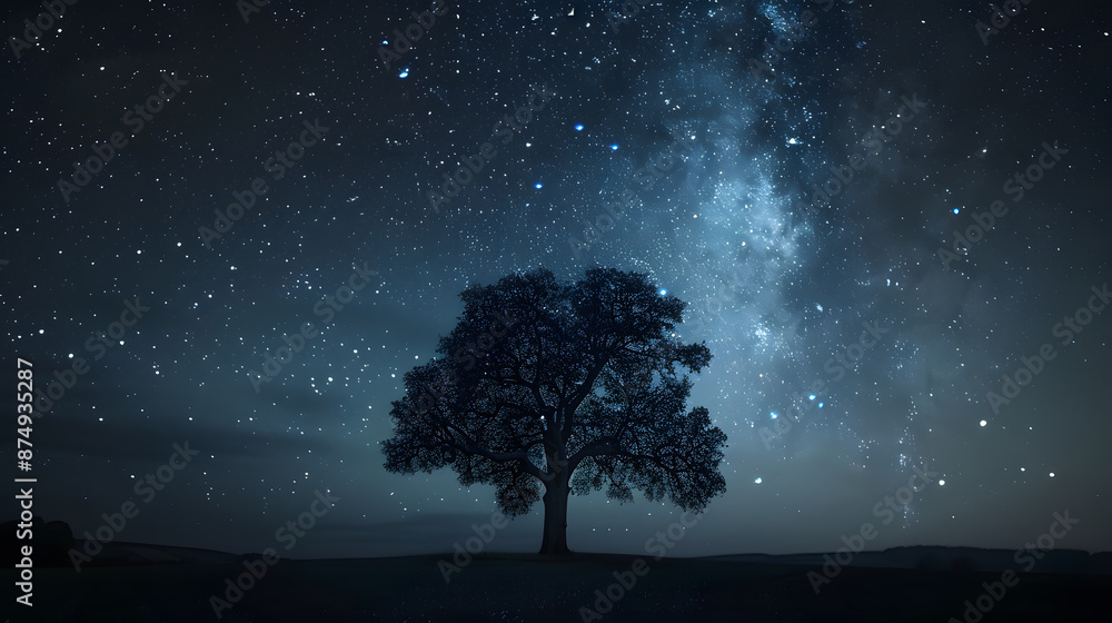 Wall mural a tree is standing in a field of grass under a starry sky