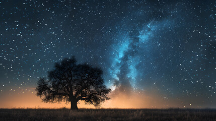 A tree is standing in a field of grass under a starry sky