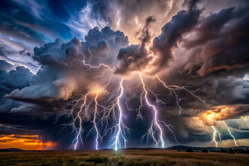 Dramatic ominous sky with intense lightning bolts illuminating dark storm clouds, powerful flashes casting an eerie glow on a turbulent weather background.