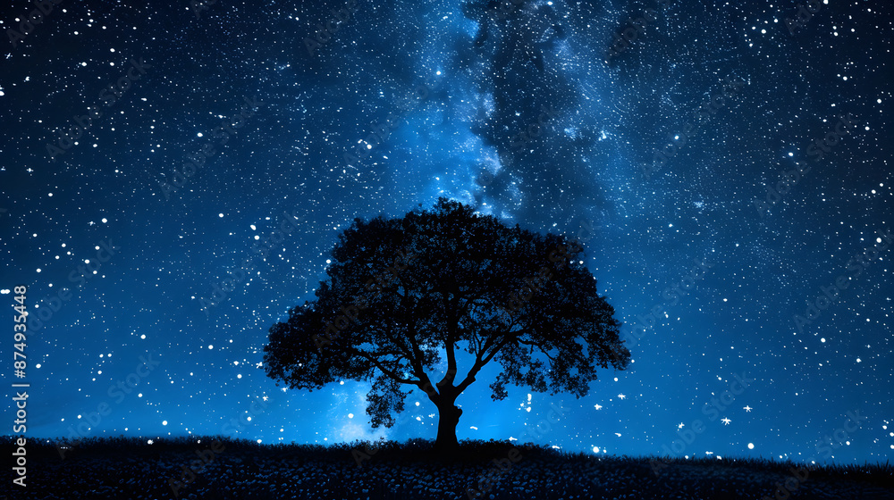 Canvas Prints a tree is standing in a field of grass under a starry sky