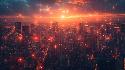 Fototapeta premium High angle shot of city office building and lighting network. Smart network concept and connection technology City background in the evening. Panoramic view.