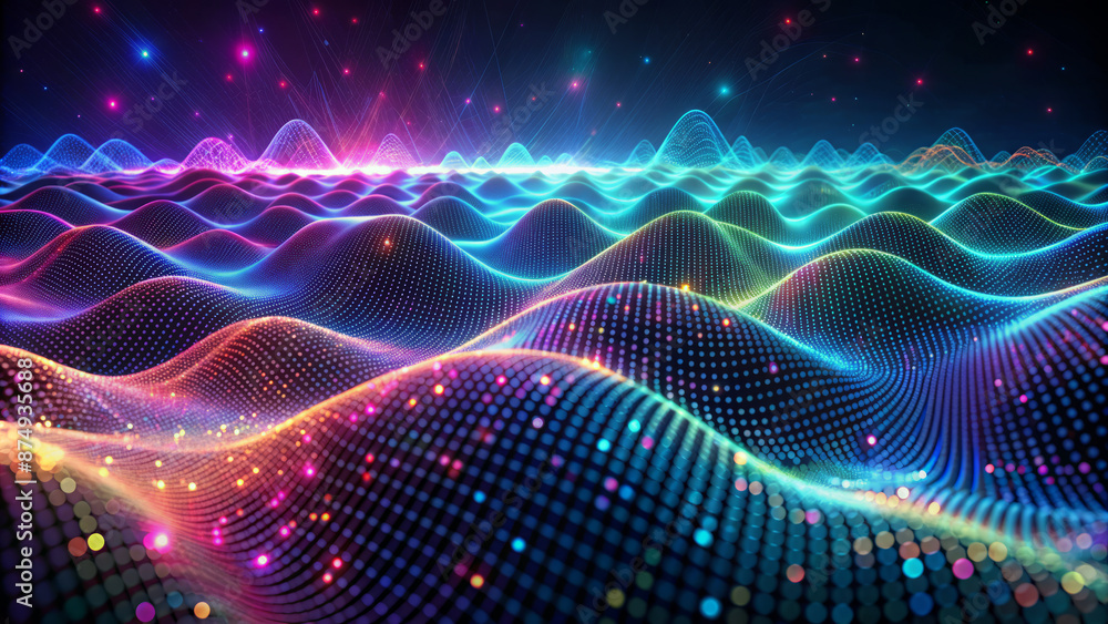 Poster dark futuristic cyberspace backdrop with a vibrant, undulating digital 3d wave, symbolizing the vast
