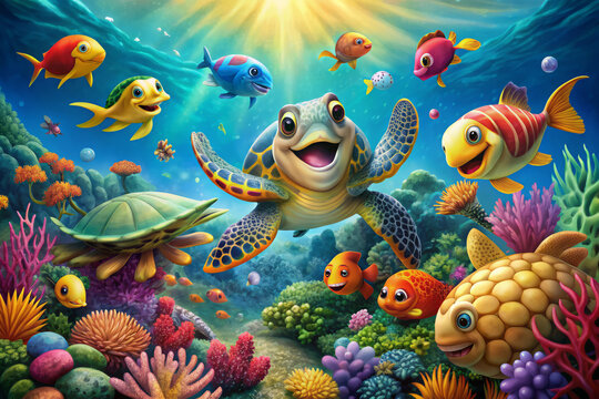Vibrant ocean scene featuring happy sea creatures, including fish, sea turtles, and octopuses, playing and laughing together in a coral reef surrounded by seaweed.