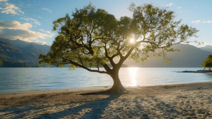 The first light of day embraces the Wanaka tree, casting long shadows and illuminating the pristine waters of Lake Wanaka. This New Zealand icon is a sight to behold at dawn.
