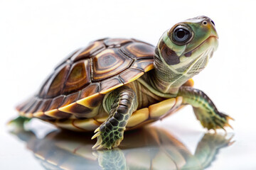 Fototapeta premium Adorable tiny turtle with shell and flippers, looking curiously upwards, isolated on a transparent background, showcasing its cuteness and innocence.
