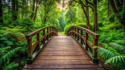 Obraz premium Wooden bridge surrounded by lush greenery in a peaceful forest setting, wooden, bridge, forest, park, nature, green, trees