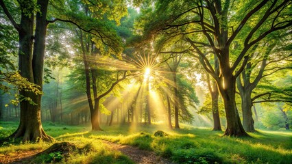Peaceful forest landscape with lush trees, sunlight peeking through the branches, and a serene atmosphere, forest, trees, nature