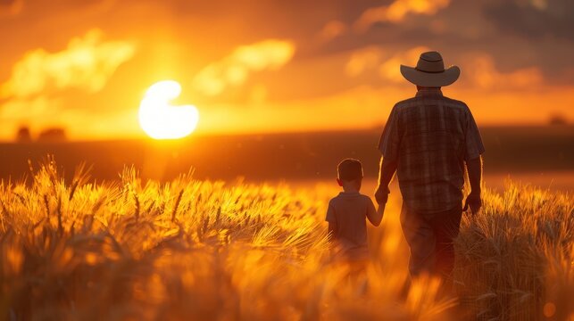 A farmer and child walk hand in hand through a golden wheat field at sunset, creating a heartwarming scene of family and nature.