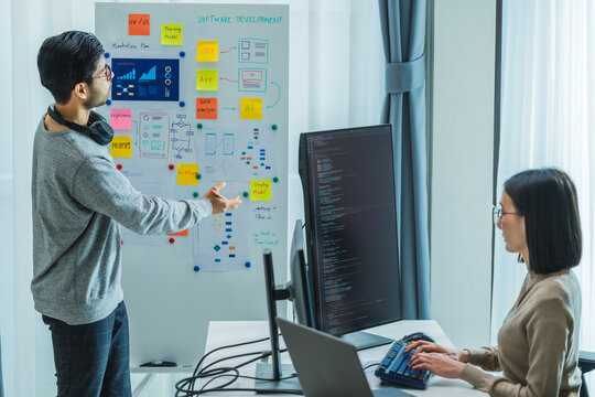 Developer team present project interface design with board and solving problem at office