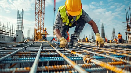 Construction worker in safety gear inspecting and working on a reinforcing steel framework for a new building under a bright sky.