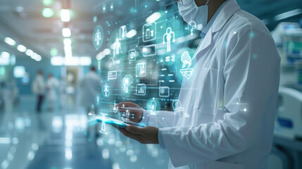 Doctor using digital tablet in futuristic hospital with medical icons overlay, representing healthcare technology and innovation.