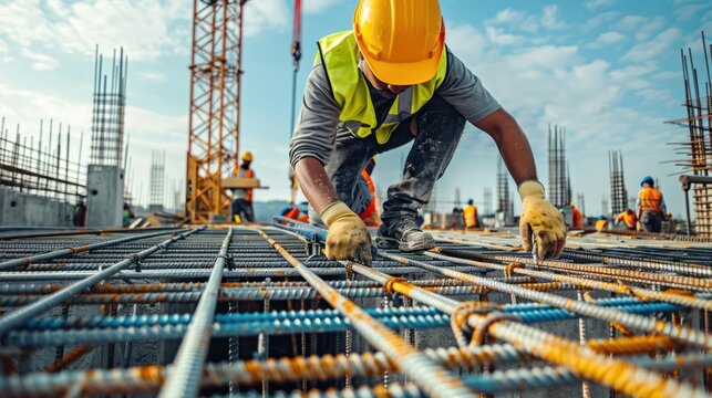 Construction worker in safety gear inspecting and working on a reinforcing steel framework for a new building under a bright sky.