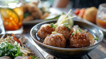 Close-up of savory meatballs in tangy sauce on a table