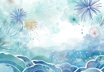 Japanese pattern background with fireworks and watercolor waves.