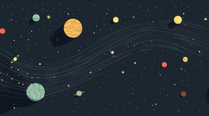 Vector flat illustration of the solar system with all planets and rings, in a cartoon style.