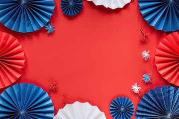4th of July USA celebrations on white background with copy space, red blue and white striped paper fans.