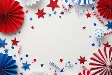 Fototapeta premium 4th of July USA celebrations on white background with copy space, red blue and white striped paper fans.