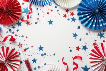 Obraz premium 4th of July USA celebrations on white background with copy space, red blue and white striped paper fans.