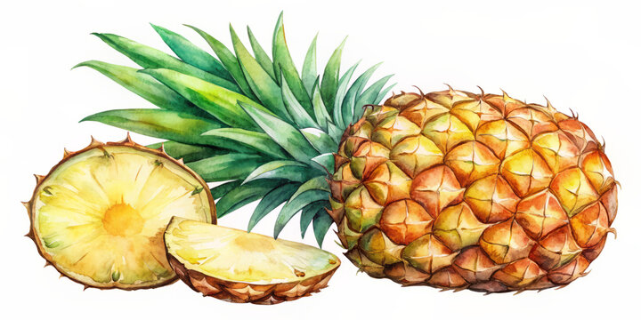 Vibrant watercolor illustration of a pineapple with a single slice removed, isolated on a clean white background, showcasing tropical fruit in a whimsical hand-drawn style.