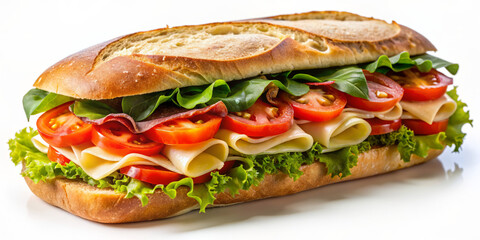 Freshly prepared ciabatta sandwich with crisp lettuce, juicy tomatoes, thin slices of prosciutto, and melted cheese, artfully arranged on a clean white background.