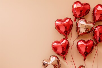 Valentine's day background with red heart shaped foil balloons on beige.
