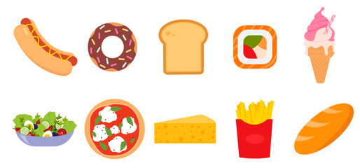 Different food vector set. Delicious food collection. Hotdog, donut, bread, sushi, ice cream, cheese, french fries, salad, pizza.