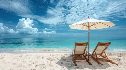 Obraz premium Two wooden beach chairs and an umbrella on a pristine sandy shore overlooking a calm turquoise sea under a partly cloudy sky.