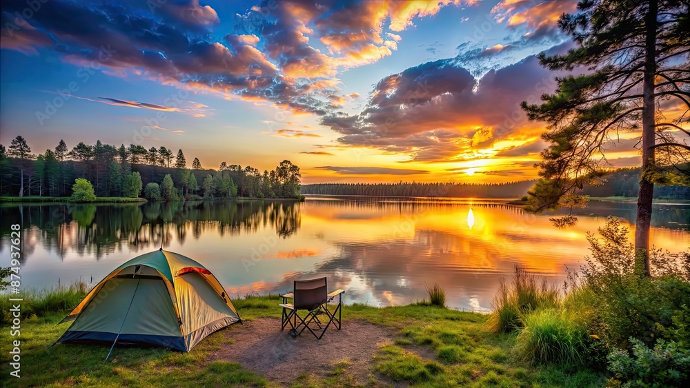 Poster Scenic sunset view from a campsite by a tranquil lake , sunset, camp, lake, travel, nature, outdoors, landscape