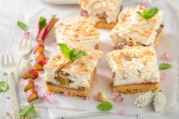 Delicious and fresh rhubarb yeast cake made of seasonal fruits.