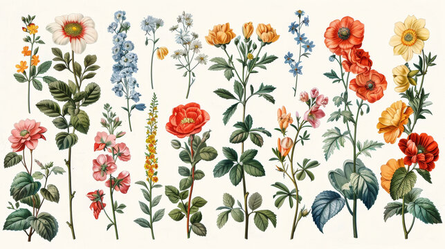 Fototapeta Intricate vintage botanical illustration of various flowers on a white background.