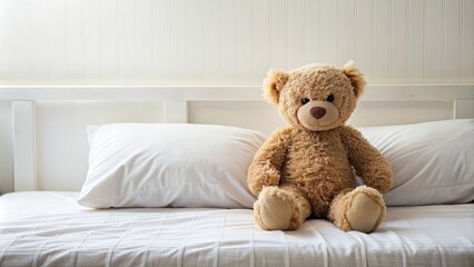 Teddy bear sitting on a neatly made bed , soft toy, stuffed animal, cozy, bedroom, children's room, comfort, furry, cute, plush
