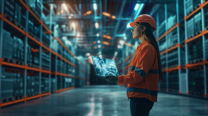 Female engineer wearing virtual reality VR glasses examines technology, controls and monitors big data internet network system.