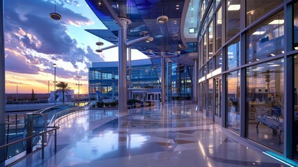 Fototapeta premium A large, open building with a glass ceiling and a large glass window