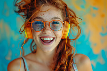 Joyful young woman with freckles and orange glasses wearing yellow headphones against a vibrant background.