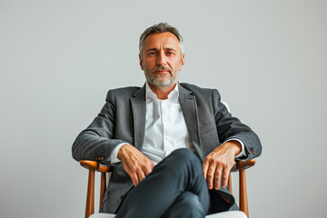 Confident middle-aged man with beard sitting in an armchair, wearing a dark suit and white shirt