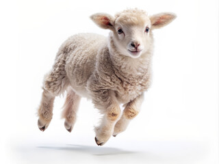 Obraz premium Adorable little sheep suspended in mid-air, legs bent and fluffy coat puffed out, frozen in joyful leap on a crisp white isolated background.