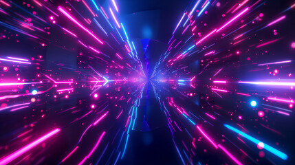 Fototapeta premium Empty futuristic corridor background tunnel studio stage construction neon lights graphic glow purple blue bright virtual sci-fi futuristic 3D rendering illustration